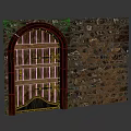 Arched Wooden Entrance Door With Stone Wall And Metal Hardware Design