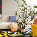 Modern Living Dining Room Interior Design With Sofa Colorful Rug Green Plants And Chandelier