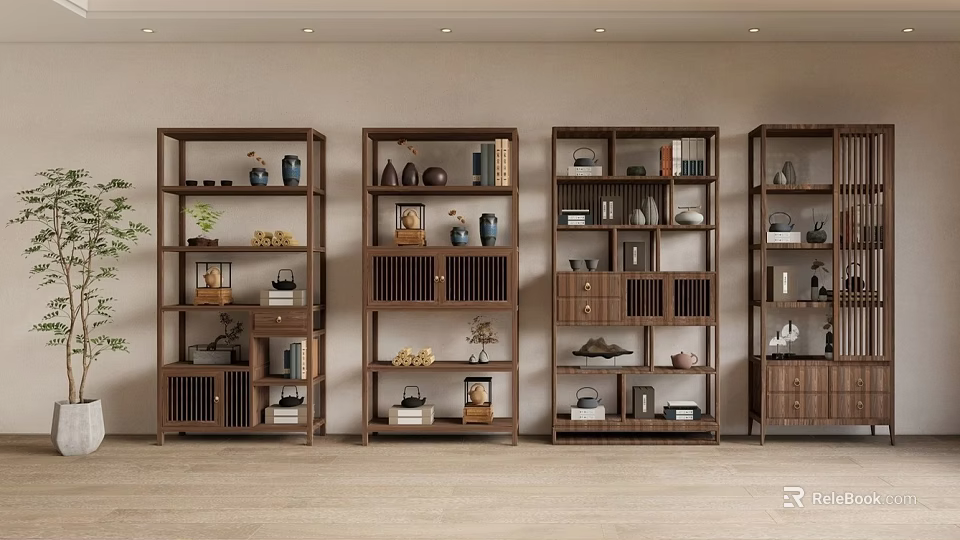 Row Of Elegant Traditional Chinese Wooden Bogu Shelves Displaying Antiques Ornaments And Books 3d model 