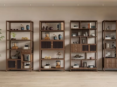 Row Of Elegant Traditional Chinese Wooden Bogu Shelves Displaying Antiques Ornaments And Books 3d model