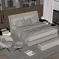 Modern Bedroom Interior With Double Bed Gray Bedding Nightstand Table Lamp Armchair And Bench