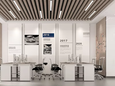 Modern Office Interior With White Desks Black Chairs And Timeline Display On Wall 3d model