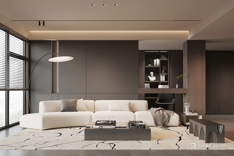 Modern Minimalist Living Room With Cream Curved Sofa And Cozy Warm Toned Elegant Interior Design 3d model 