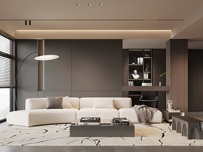 Modern Minimalist Living Room With Cream Curved Sofa And Cozy Warm Toned Elegant Interior Design 3d model