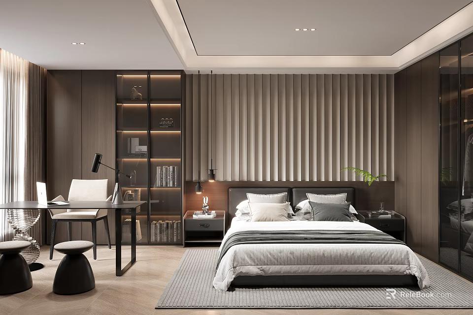 Modern Bedroom Interior Design With King Bed Nightstand Wall Paneling And Area Rug 3d model 