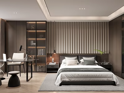 Modern Bedroom Interior Design With King Bed Nightstand Wall Paneling And Area Rug 3d model