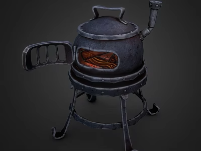 Vintage Metal Stove with Wheeled Stand and Red Glowing Interior Design 3d model