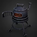 Vintage Metal Stove with Wheeled Stand and Red Glowing Interior Design
