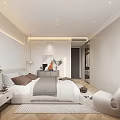 Modern Minimalist Bedroom Interior with Striped Accent Wall Beige Bed Pillows Nightstand Green Plant Curtains