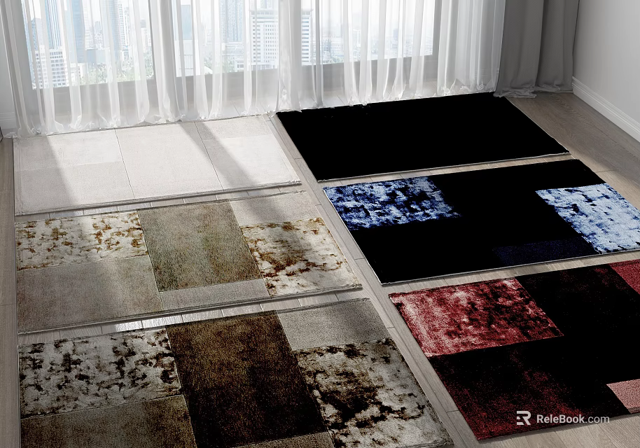 Various Colored Square Rugs With Patchwork Designs On Light Colored Floor In Room With Windows 3d model 
