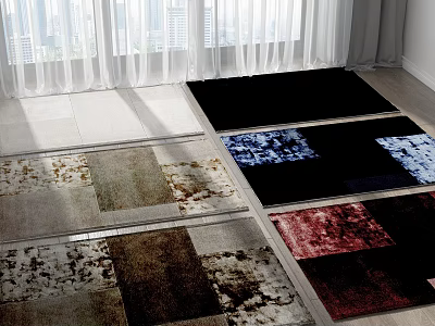 Various Colored Square Rugs With Patchwork Designs On Light Colored Floor In Room With Windows 3d model