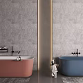 Modern Minimalist Bathroom Interior With White And Gray Bathtubs And Gray Walls