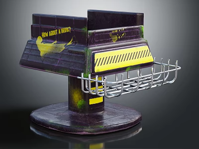 Modern Shelf Unit with Purple Green Finish Yellow Warning Stripes and Metal Basket 3d model