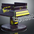 Modern Shelf Unit with Purple Green Finish Yellow Warning Stripes and Metal Basket