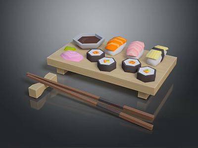 Delicious Assorted Sushi Platter With Wooden Tray Chopsticks And Soy Sauce 3d model