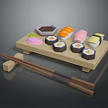 Delicious Assorted Sushi Platter With Wooden Tray Chopsticks And Soy Sauce