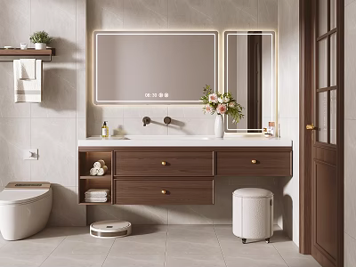 Modern Bathroom Vanity With LED Mirror Countertop Storage Drawers And Toiletries 3d model
