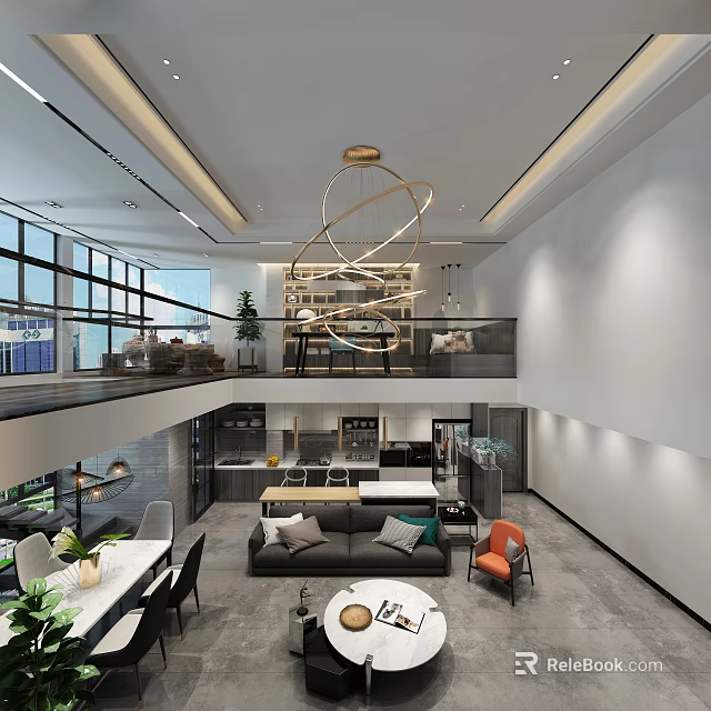 Modern Duplex Living Room Interior With Open Layout Sofa Chandelier And Windows 3d model 