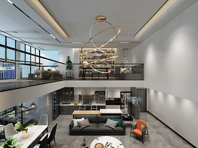 Modern Duplex Living Room Interior With Open Layout Sofa Chandelier And Windows 3d model