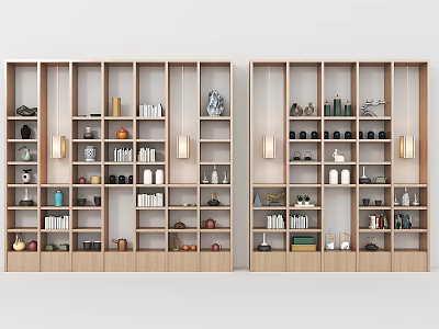 Wooden Storage Shelving Units With Multiple Shelves Decorative Items Books And Wall Lamps 3d model