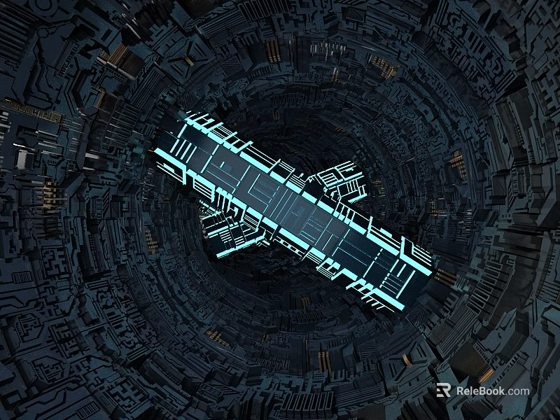 Modern Futuristic Elevator Corridor With Blue Lighting Metallic Panels And Geometric Patterns 3d model 