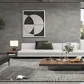 Modern Living Room Interior With Gray Walls Large Artwork White Sofa And Floor To Ceiling Windows