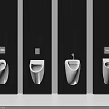 White Modern Urinals Installed On Dark Wooden Wall Partitions With Flush Controls