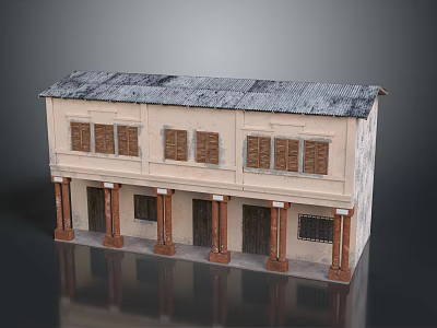 Traditional Two Story Building Featuring Gray Roof Beige Walls Brown Windows Doors And Columns 3d model