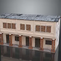 Traditional Two Story Building Featuring Gray Roof Beige Walls Brown Windows Doors And Columns