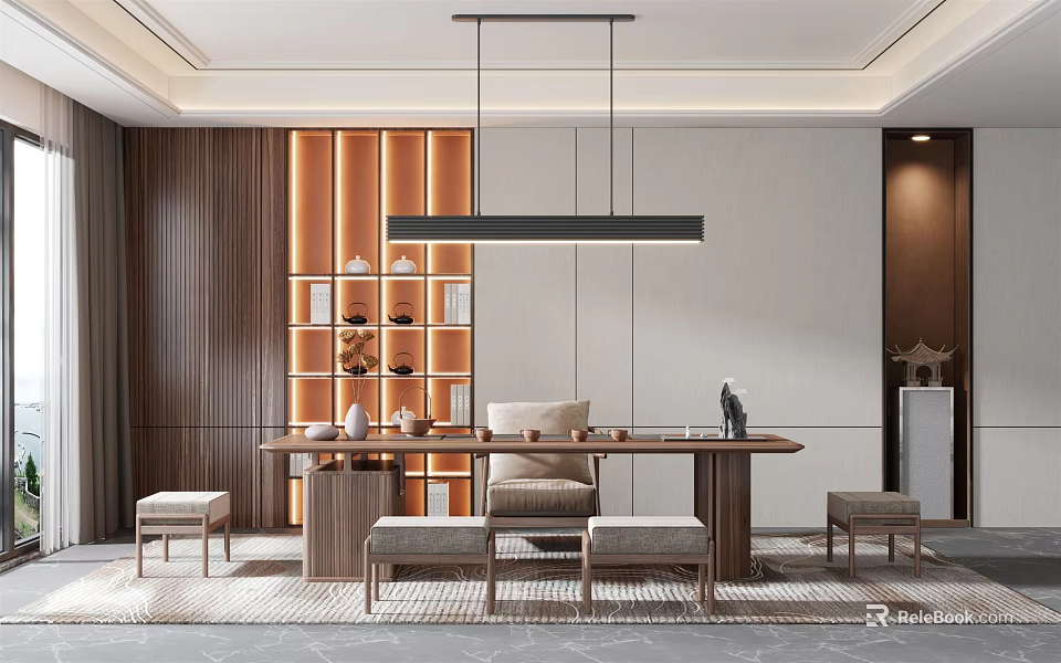 Modern Tea Room Interior With Wooden Shelves Pendant Light Tea Table And Chairs 3d model 