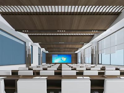 Modern Conference Room With Wooden Ceiling White Slats Blue Walls White Chairs And Large Screen 3d model