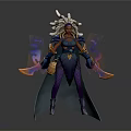 Mythical Female Warrior With Elaborate Headdress Dark Outfit Glowing Blades And Purple Smoke Effects