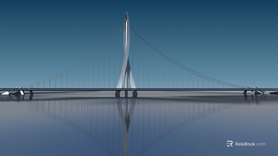 Modern Cable-Stayed Bridge With Pylon Steel Cables Over Calm Water Clear Reflection And Blue Sky 3d model 