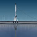 Modern Cable-Stayed Bridge With Pylon Steel Cables Over Calm Water Clear Reflection And Blue Sky