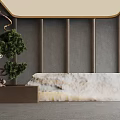 Elegant Marble Reception Desk with Curved Top Green Bonsai and Gray Striped Wall
