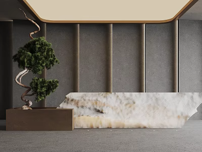 Elegant Marble Reception Desk with Curved Top Green Bonsai and Gray Striped Wall 3d model