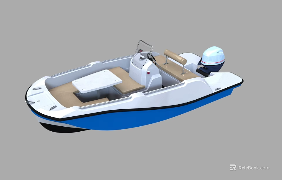 Small White Blue Yacht With Console Seats And Outboard Motor 3d model 