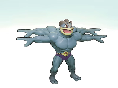 Blue Muscular Doll with Multiple Arms Purple Belt and Golden Decoration and Smiling Face Design 3d model