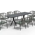 Modern Outdoor Dining Table and Chair Set with Black Rectangular Top and Woven Rattan Chairs