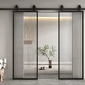 Modern Sliding Barn Door With Ribbed Glass Black Frame In Contemporary Interior Decorative Plant