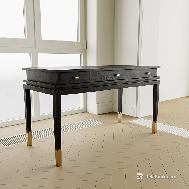 Modern Black Desk With Three Drawers Black Metal Legs Gold Accents Natural Light 3d model 