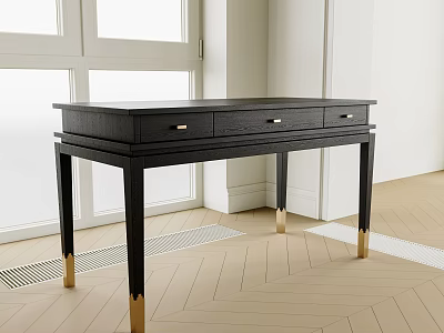 Modern Black Desk With Three Drawers Black Metal Legs Gold Accents Natural Light 3d model