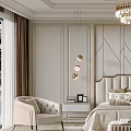 Elegant Modern Bedroom Interior With Crystal Chandelier Upholstered Headboard And Geometric Wall Panels
