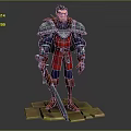 3D Game Character Warrior In Red And Blue Armor Holding Sword Standing On Stone Base