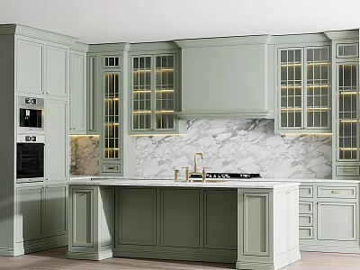 Light Green Kitchen Cabinets With Glass Doors Lighting And Marble Island Countertop 3d model