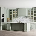 Light Green Kitchen Cabinets With Glass Doors Lighting And Marble Island Countertop