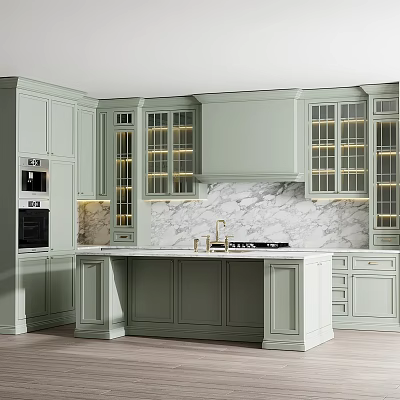 Light Green Kitchen Cabinets With Glass Doors Lighting And Marble Island Countertop 3d model