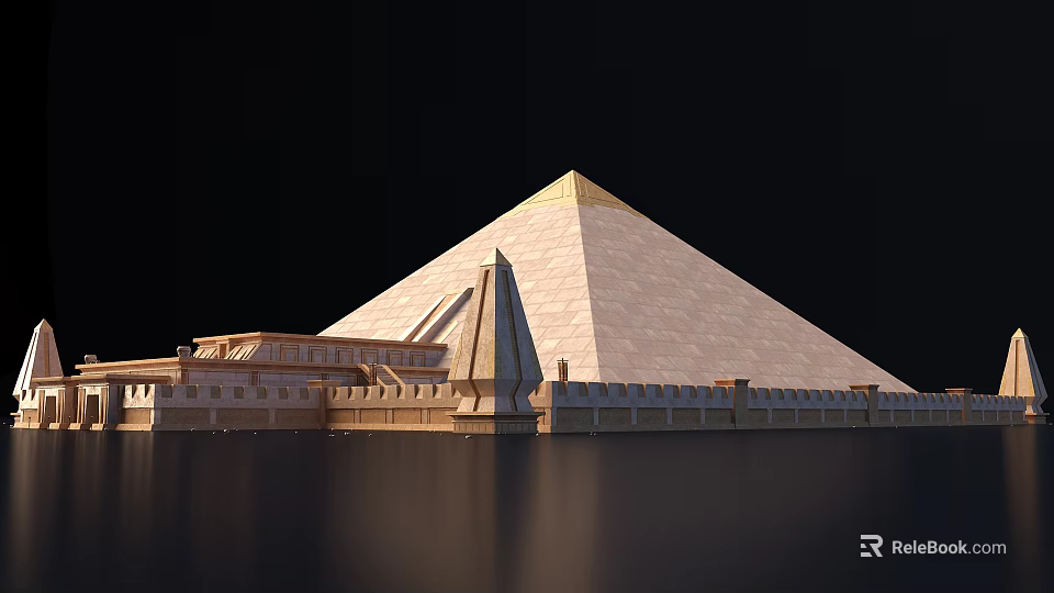 Modern Pyramid Tower Exterior Design With Adjacent Buildings And Water Reflection 3d model 