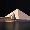 Modern Pyramid Tower Exterior Design With Adjacent Buildings And Water Reflection