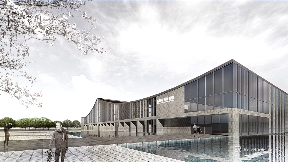 Modern Building Exterior View With Glass Curtain Walls Water Pool Cherry Blossoms And Plaza 3d model 